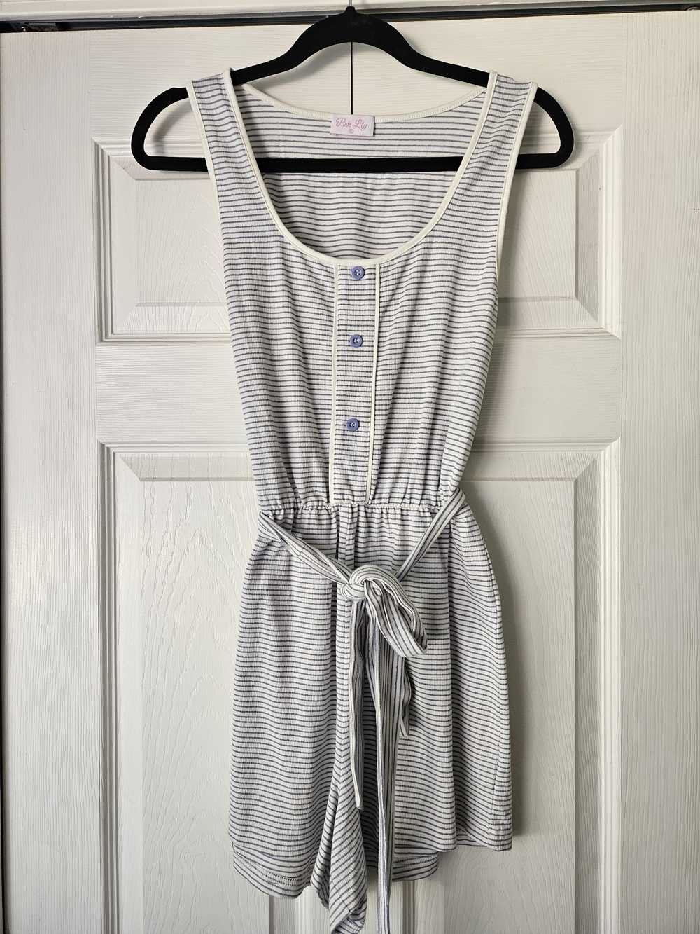 Striped Sleeveless Tie-Waist Romper - Light Blue/White